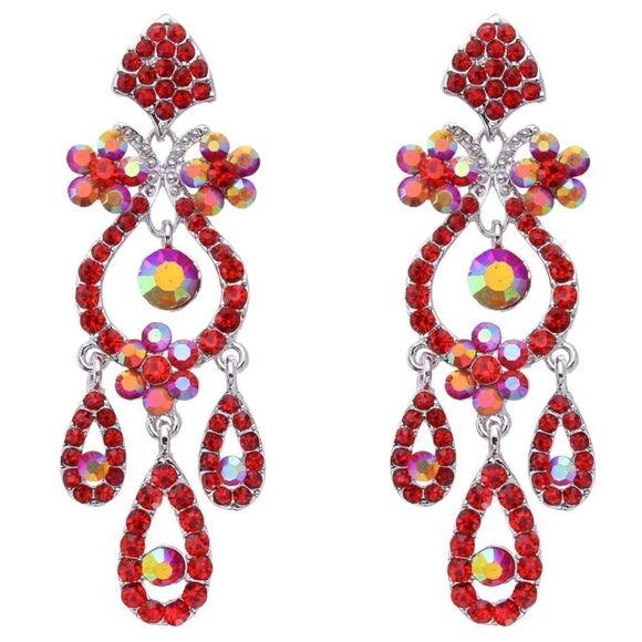 Silver with Ruby Red and AB Austrian Crystal Flower Vase Chandelier Earrings